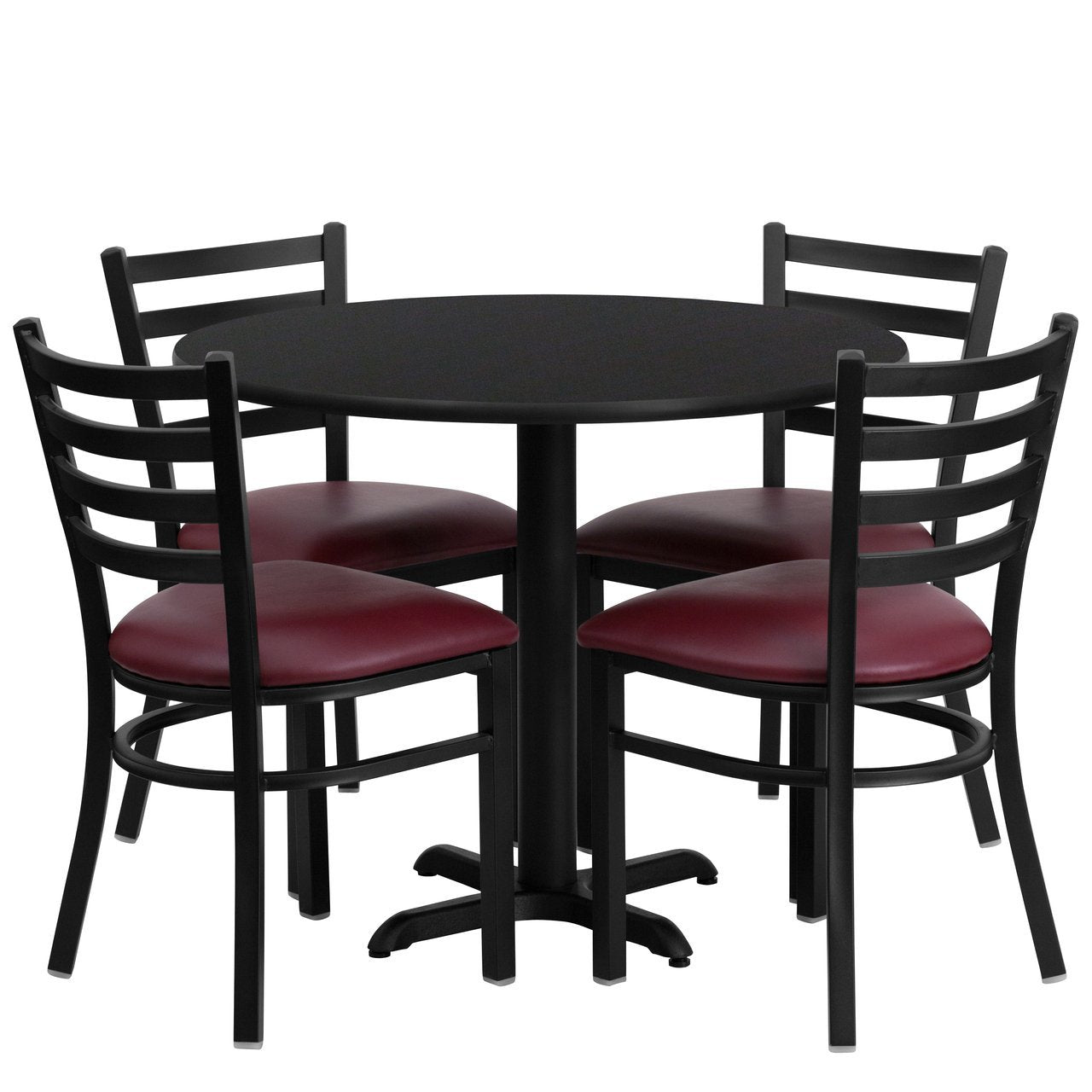 36'' Round Black Laminate Table Set with 4 Ladder Back Metal Chairs - Burgundy Vinyl Seat