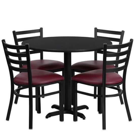 36'' Round Black Laminate Table Set with 4 Ladder Back Metal Chairs - Burgundy Vinyl Seat
