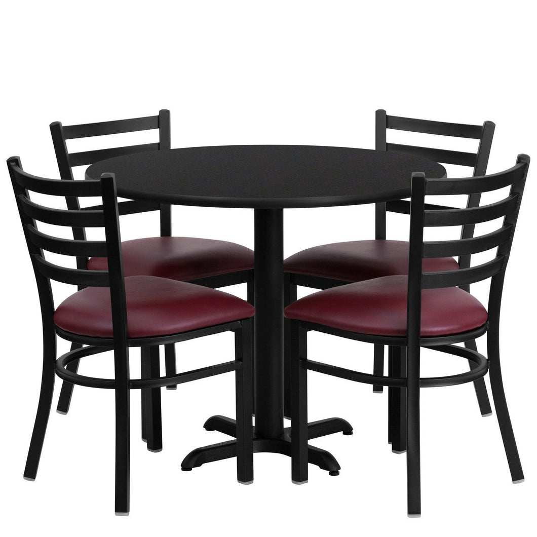 36'' Round Black Laminate Table Set with 4 Ladder Back Metal Chairs - Burgundy Vinyl Seat