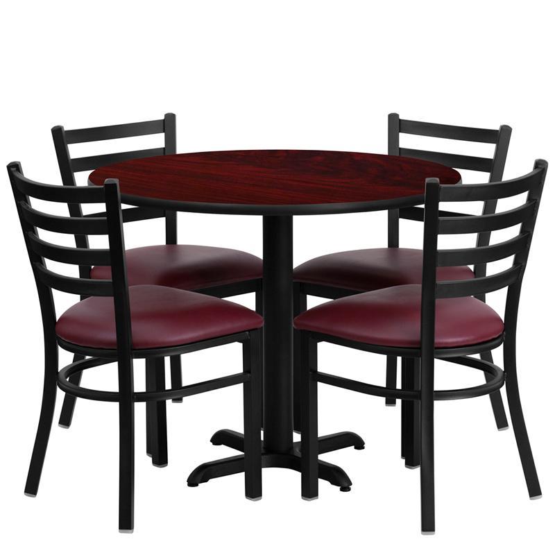 36'' Round Mahogany Laminate Table Set with 4 Ladder Back Metal Chairs - Burgundy Vinyl Seat