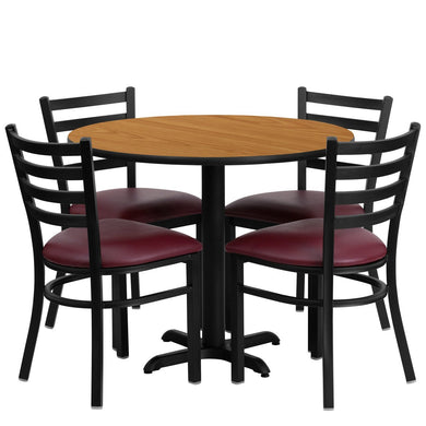36'' Round Natural Laminate Table Set with 4 Ladder Back Metal Chairs - Burgundy Vinyl Seat