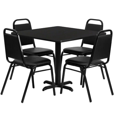 36'' Square Black Laminate Table Set with 4 Black Trapezoidal Back Banquet Chairs
