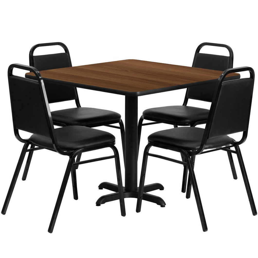 36'' Square Walnut Laminate Table Set with 4 Black Trapezoidal Back Banquet Chairs