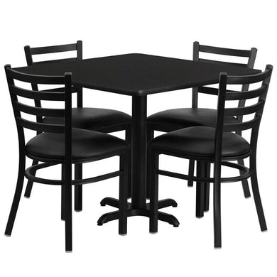 36'' Square Black Laminate Table Set with X-Base and 4 Ladder Back Metal Chairs - Black Vinyl Seat