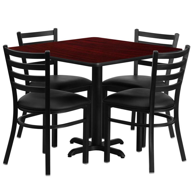 36'' Square Mahogany Laminate Table Set with X-Base and 4 Ladder Back Metal Chairs - Black Vinyl Seat