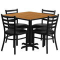 36'' Square Natural Laminate Table Set with X-Base and 4 Ladder Back Metal Chairs - Black Vinyl Seat