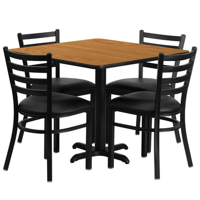 36'' Square Natural Laminate Table Set with X-Base and 4 Ladder Back Metal Chairs - Black Vinyl Seat