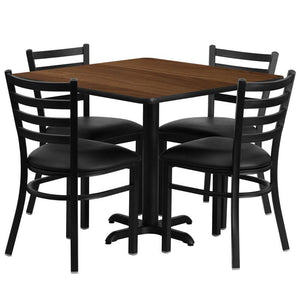 36'' Square Walnut Laminate Table Set with X-Base and 4 Ladder Back Metal Chairs - Black Vinyl Seat