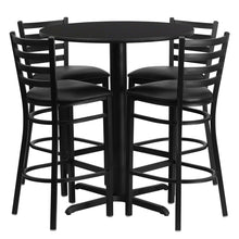 Load image into Gallery viewer, 30&#39;&#39; Round Black Laminate Table Set with 4 Ladder Back Metal Barstools - Black Vinyl Seat