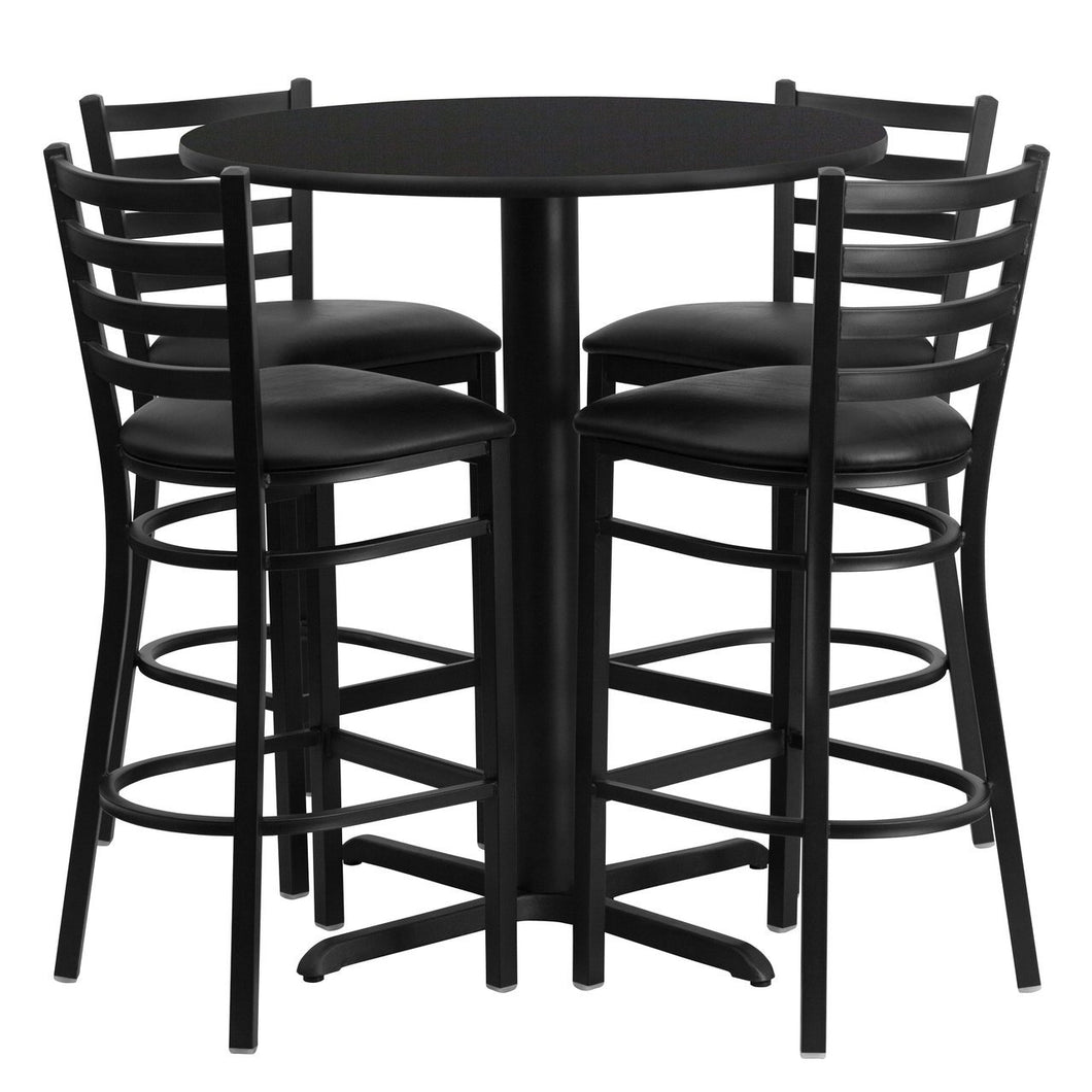 30'' Round Black Laminate Table Set with 4 Ladder Back Metal Barstools - Black Vinyl Seat