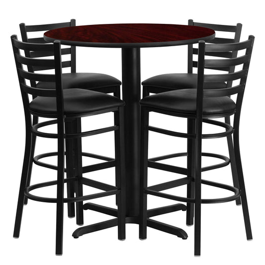 30'' Round Mahogany Laminate Table Set with 4 Ladder Back Metal Barstools - Black Vinyl Seat