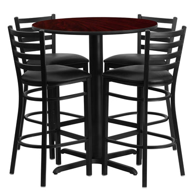 30'' Round Mahogany Laminate Table Set with 4 Ladder Back Metal Barstools - Black Vinyl Seat