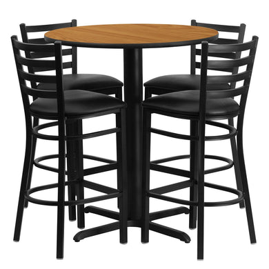 30'' Round Natural Laminate Table Set with 4 Ladder Back Metal Barstools - Black Vinyl Seat