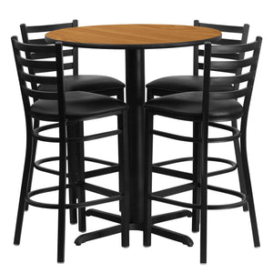 30'' Round Natural Laminate Table Set with 4 Ladder Back Metal Barstools - Black Vinyl Seat