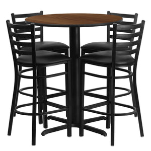 30'' Round Walnut Laminate Table Set with 4 Ladder Back Metal Barstools - Black Vinyl Seat