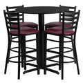 30'' Round Black Laminate Table Set with 4 Ladder Back Metal Barstools - Burgundy Vinyl Seat