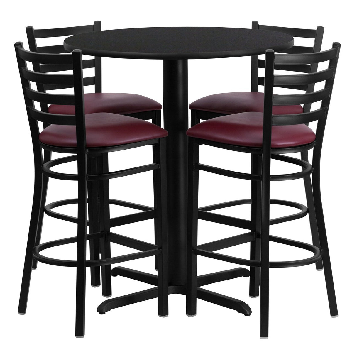 30'' Round Black Laminate Table Set with 4 Ladder Back Metal Barstools - Burgundy Vinyl Seat