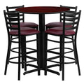 30'' Round Mahogany Laminate Table Set with 4 Ladder Back Metal Barstools - Burgundy Vinyl Seat
