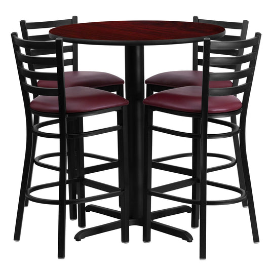 30'' Round Mahogany Laminate Table Set with 4 Ladder Back Metal Barstools - Burgundy Vinyl Seat