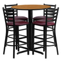 30'' Round Natural Laminate Table Set with 4 Ladder Back Metal Barstools - Burgundy Vinyl Seat