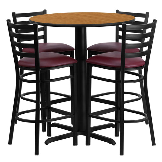 30'' Round Natural Laminate Table Set with 4 Ladder Back Metal Barstools - Burgundy Vinyl Seat