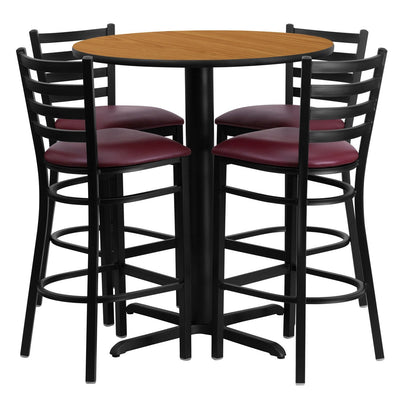 30'' Round Natural Laminate Table Set with 4 Ladder Back Metal Barstools - Burgundy Vinyl Seat