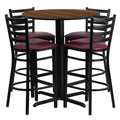 30'' Round Walnut Laminate Table Set with 4 Ladder Back Metal Barstools - Burgundy Vinyl Seat