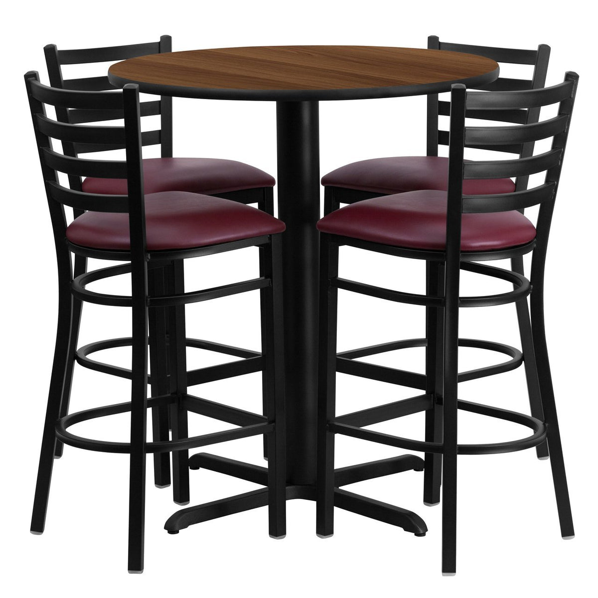 30'' Round Walnut Laminate Table Set with 4 Ladder Back Metal Barstools - Burgundy Vinyl Seat