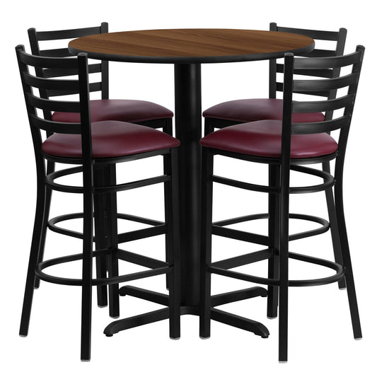 30'' Round Walnut Laminate Table Set with 4 Ladder Back Metal Barstools - Burgundy Vinyl Seat