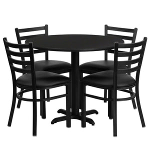 36'' Round Black Laminate Table Set with 4 Ladder Back Metal Chairs - Black Vinyl Seat