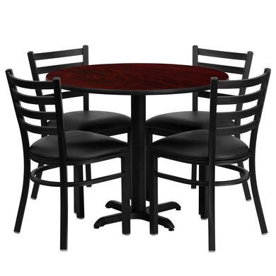 36'' Round Mahogany Laminate Table Set with 4 Ladder Back Metal Chairs - Black Vinyl Seat