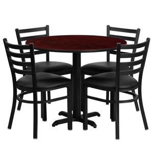 36'' Round Mahogany Laminate Table Set with 4 Ladder Back Metal Chairs - Black Vinyl Seat