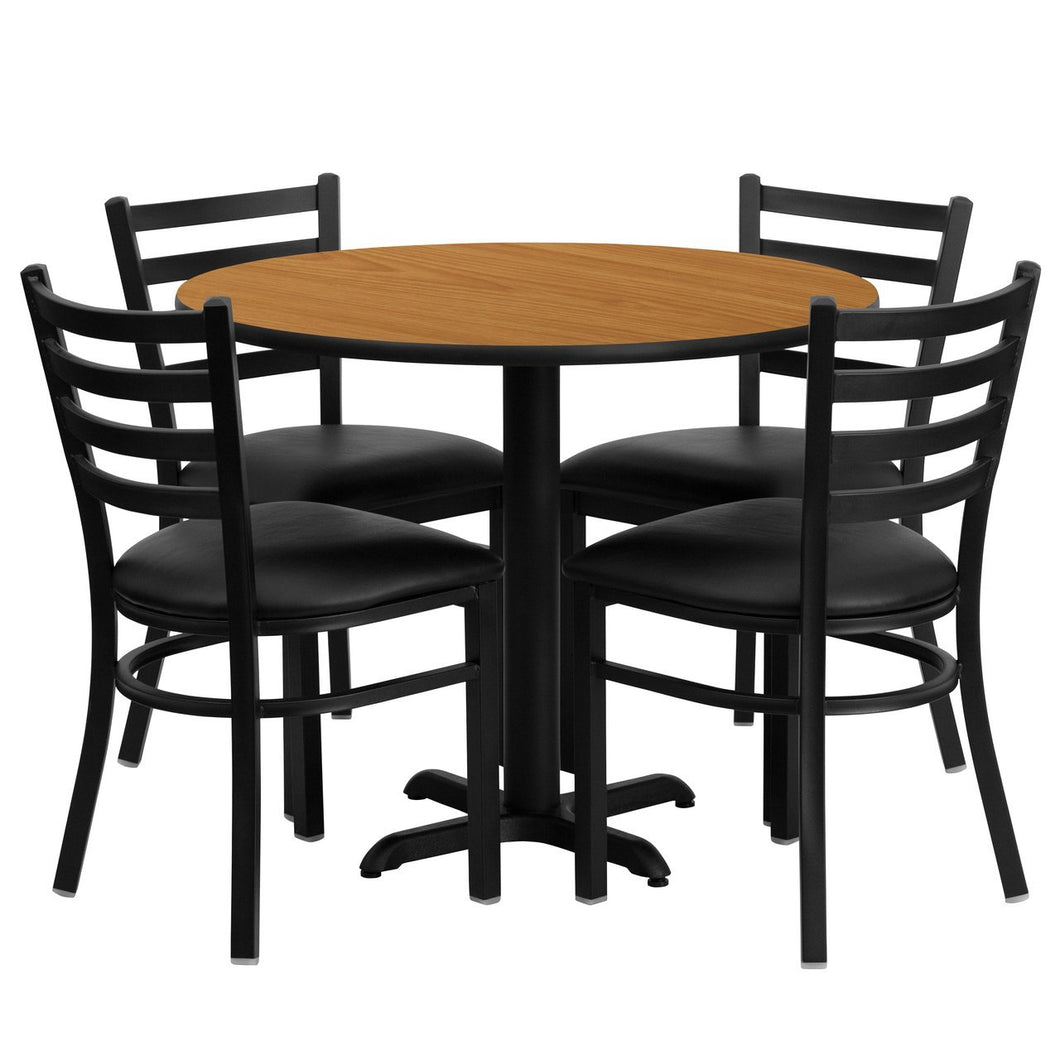 36'' Round Natural Laminate Table Set with 4 Ladder Back Metal Chairs - Black Vinyl Seat