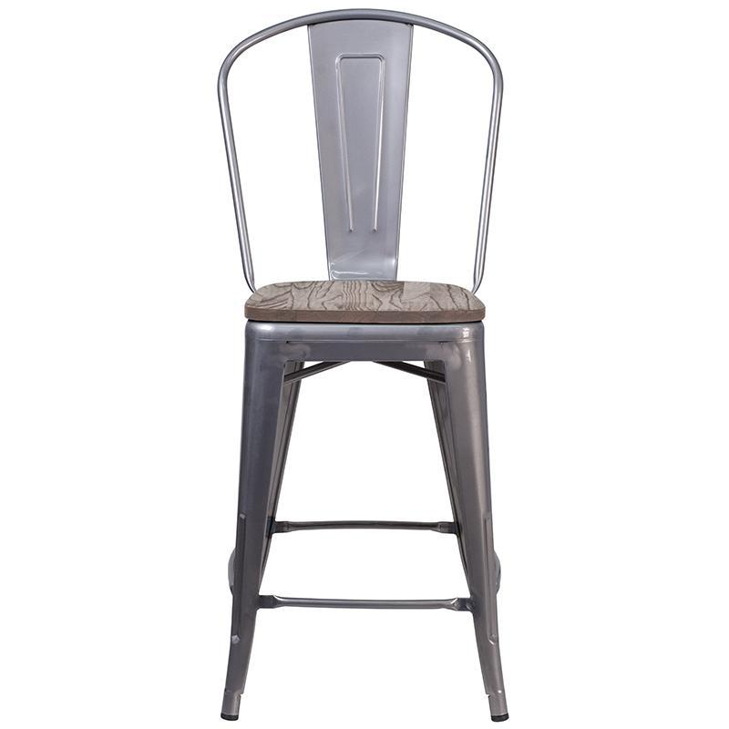 24"High Clear Coated Counter Height Stool with Back and Wood 