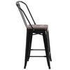  High Black Metal Counter Height Stool with Back and Wood Seat