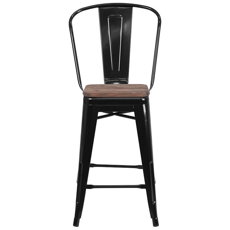 High Counter Height Stool with Back and Wood Seat