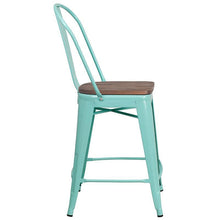 Load image into Gallery viewer, 24&quot; High Mint Green Metal Counter Height Stool with Back and Wood Seat 1