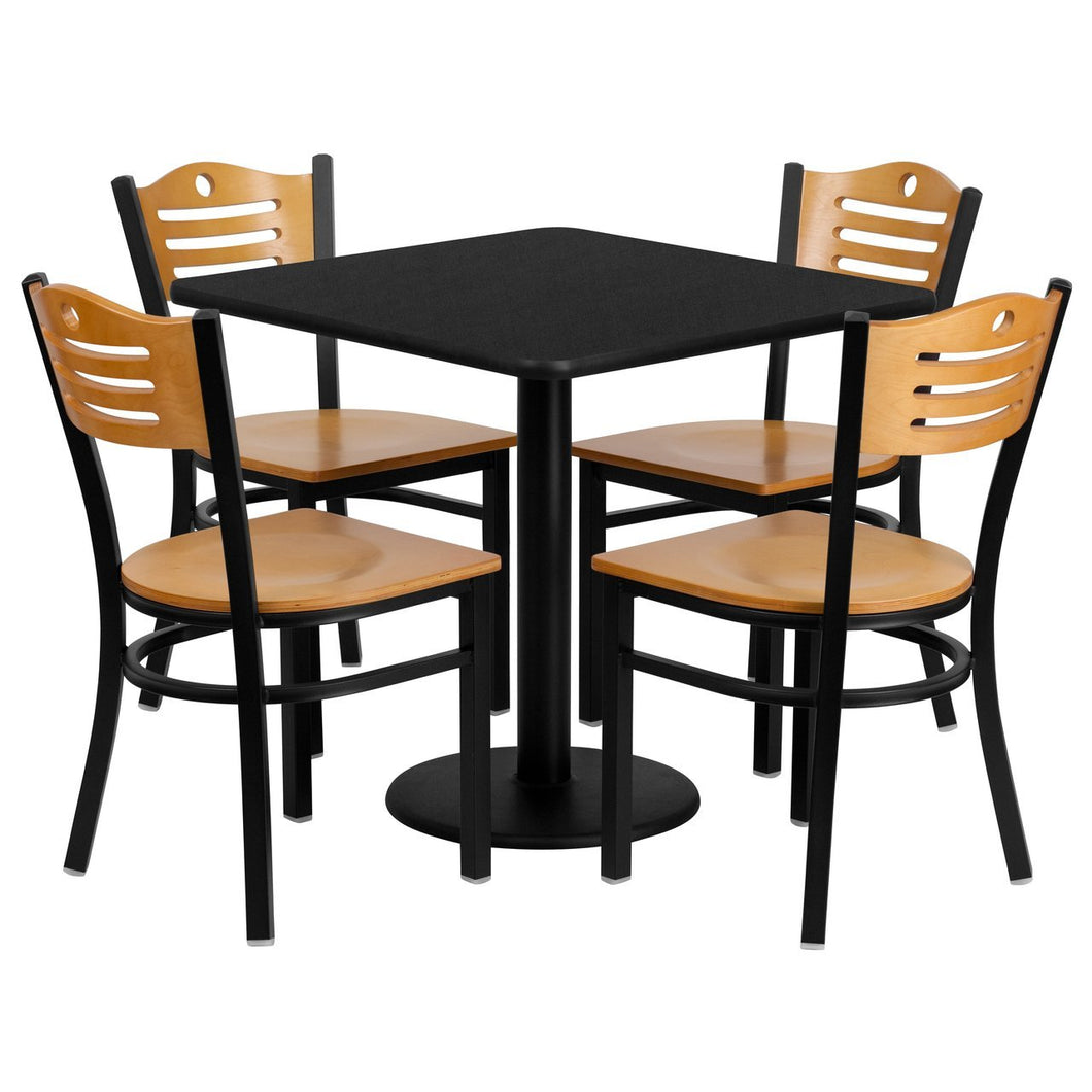 30'' Square Black Laminate Table Set with 4 Wood Slat Back Metal Chairs - Natural Wood Seat