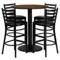 36'' Round Walnut Laminate Table Set with 4 Ladder Back Metal Barstools - Black Vinyl Seat