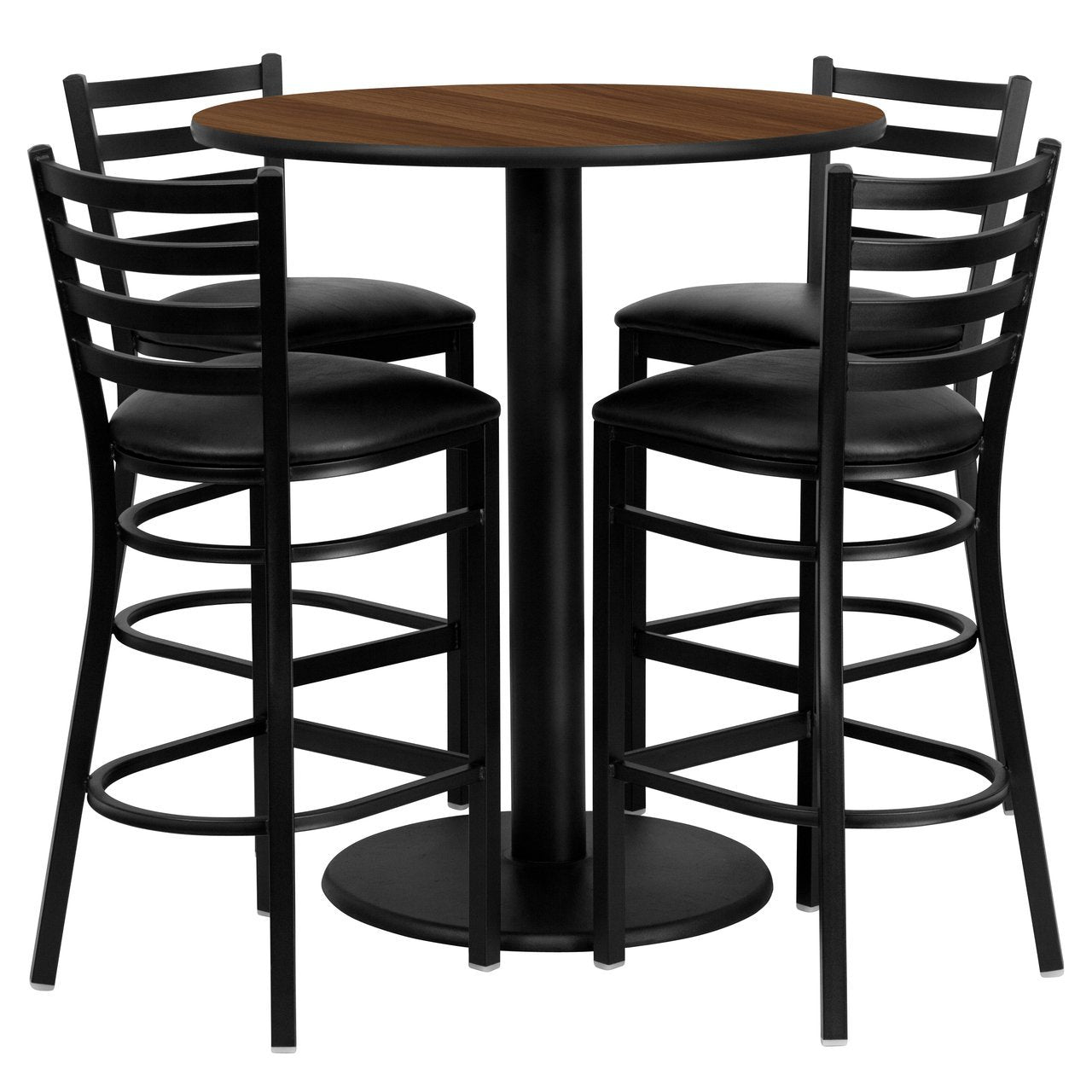 36'' Round Walnut Laminate Table Set with 4 Ladder Back Metal Barstools - Black Vinyl Seat