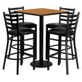 30'' Square Natural Laminate Table Set with 4 Ladder Back Metal Barstools - Black Vinyl Seat