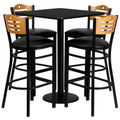 30'' Square Black Laminate Table Set with 4 Wood Slat Back Metal Barstools - Black Vinyl Seat