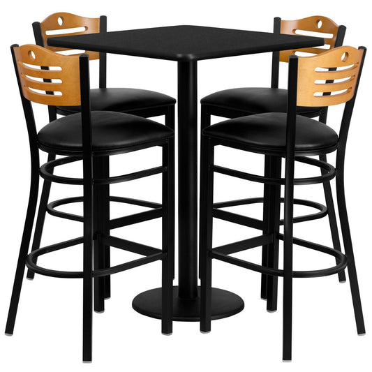 30'' Square Black Laminate Table Set with 4 Wood Slat Back Metal Barstools - Black Vinyl Seat