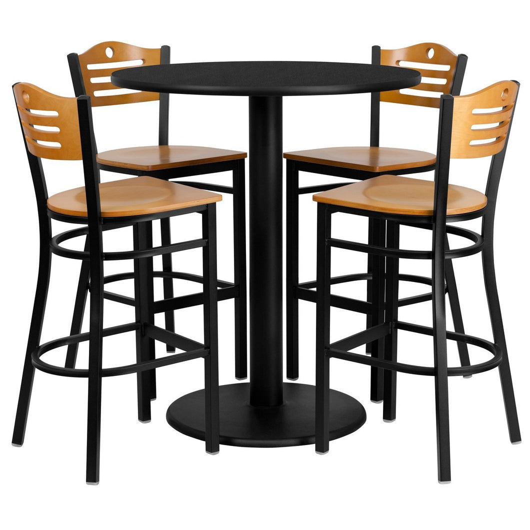 36'' Round Black Laminate Table Set with 4 Wood Slat Back Metal Barstools - Natural Wood Seat