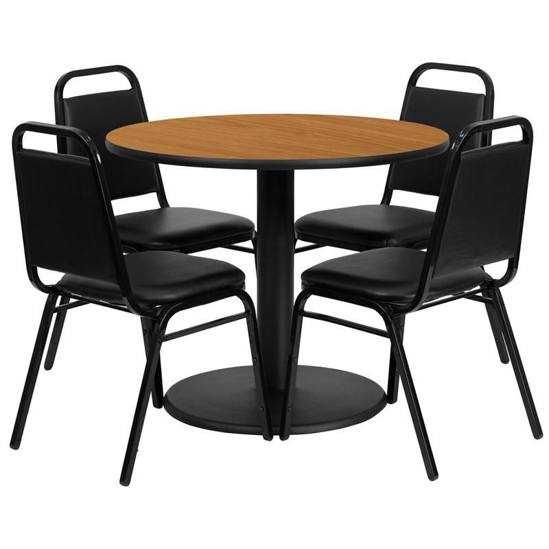 36'' Round Natural Laminate Table Set with Round Base and 4 Black Trapezoidal Back Banquet Chairs