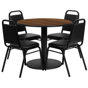 36'' Round Walnut Laminate Table Set with Round Base and 4 Black Trapezoidal Back Banquet Chairs