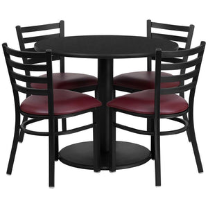 36'' Round Black Laminate Table Set with Round Base and 4 Ladder Back Metal Chairs - Burgundy Vinyl Seat