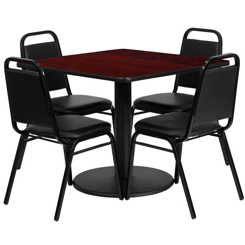 36'' Square Mahogany Laminate Table Set with Round Base and 4 Black Trapezoidal Back Banquet Chairs