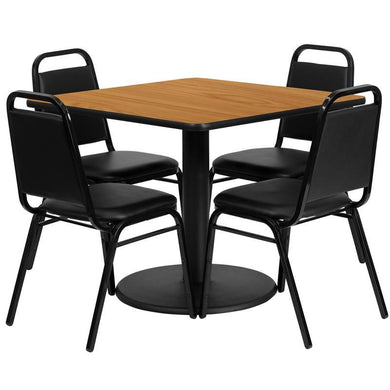 36'' Square Natural Laminate Table Set with Round Base and 4 Black Trapezoidal Back Banquet Chairs