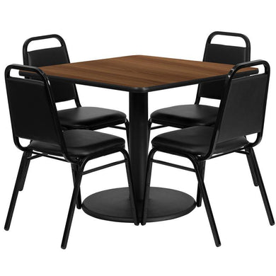 36'' Square Walnut Laminate Table Set with Round Base and 4 Black Trapezoidal Back Banquet Chairs